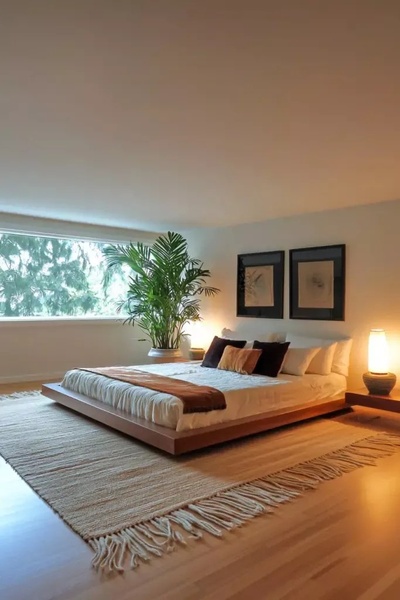 platform bed, low profile bed, wooden bed frame, bedroom furniture, king bed frame, brand awareness, lifestyle, minimalist, calm, luxurious, neutral, brown